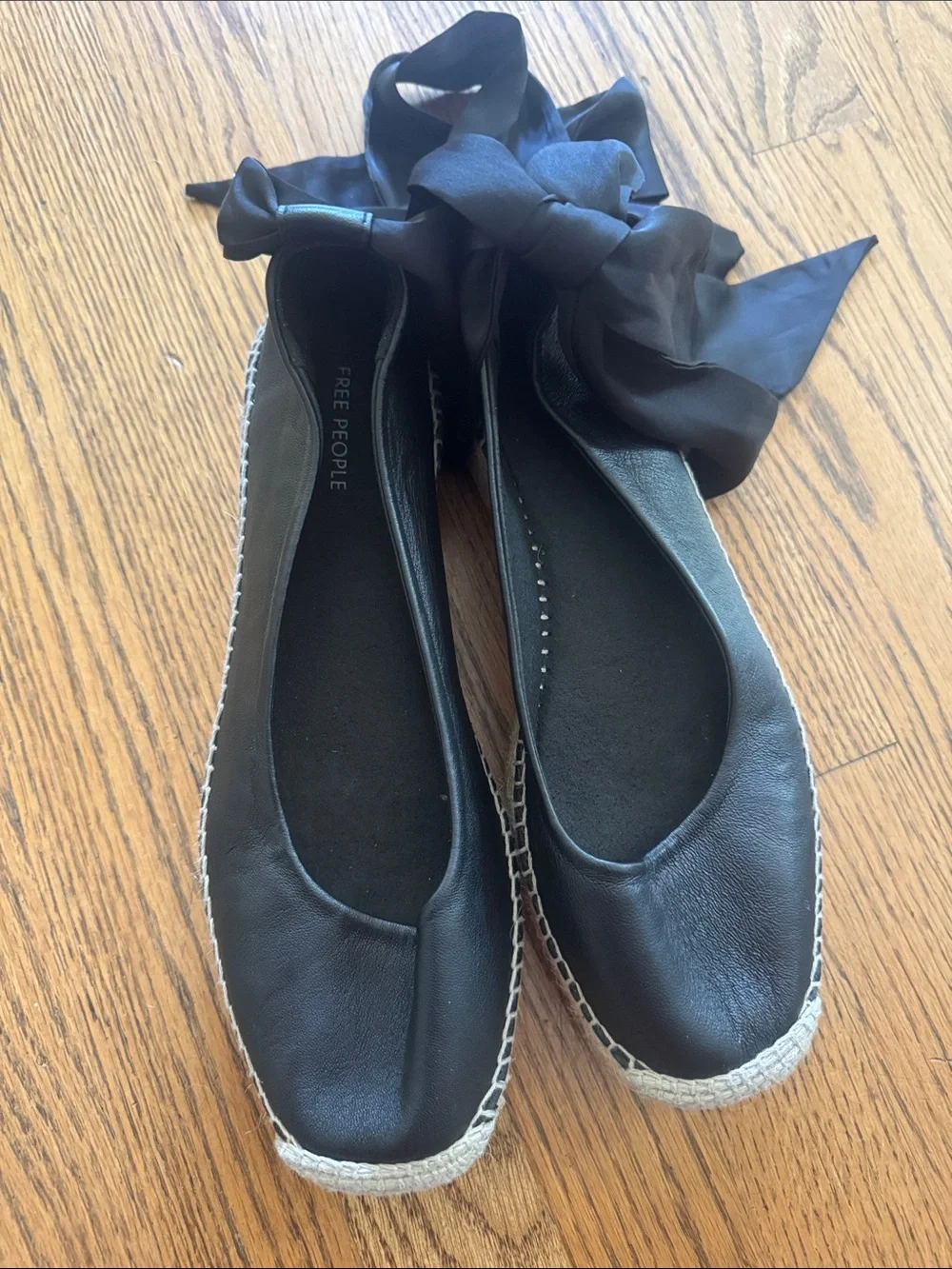 Free People Black Leather Espadrille Ballet Flats with Satin Ankle Ribbons